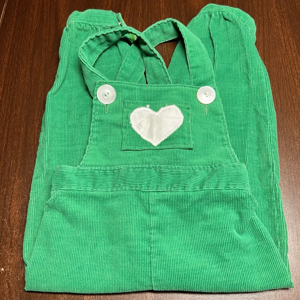 Vintage Baby Corduroy Overalls Green Heart Patch Infant Toddler Approx 24mo-READ